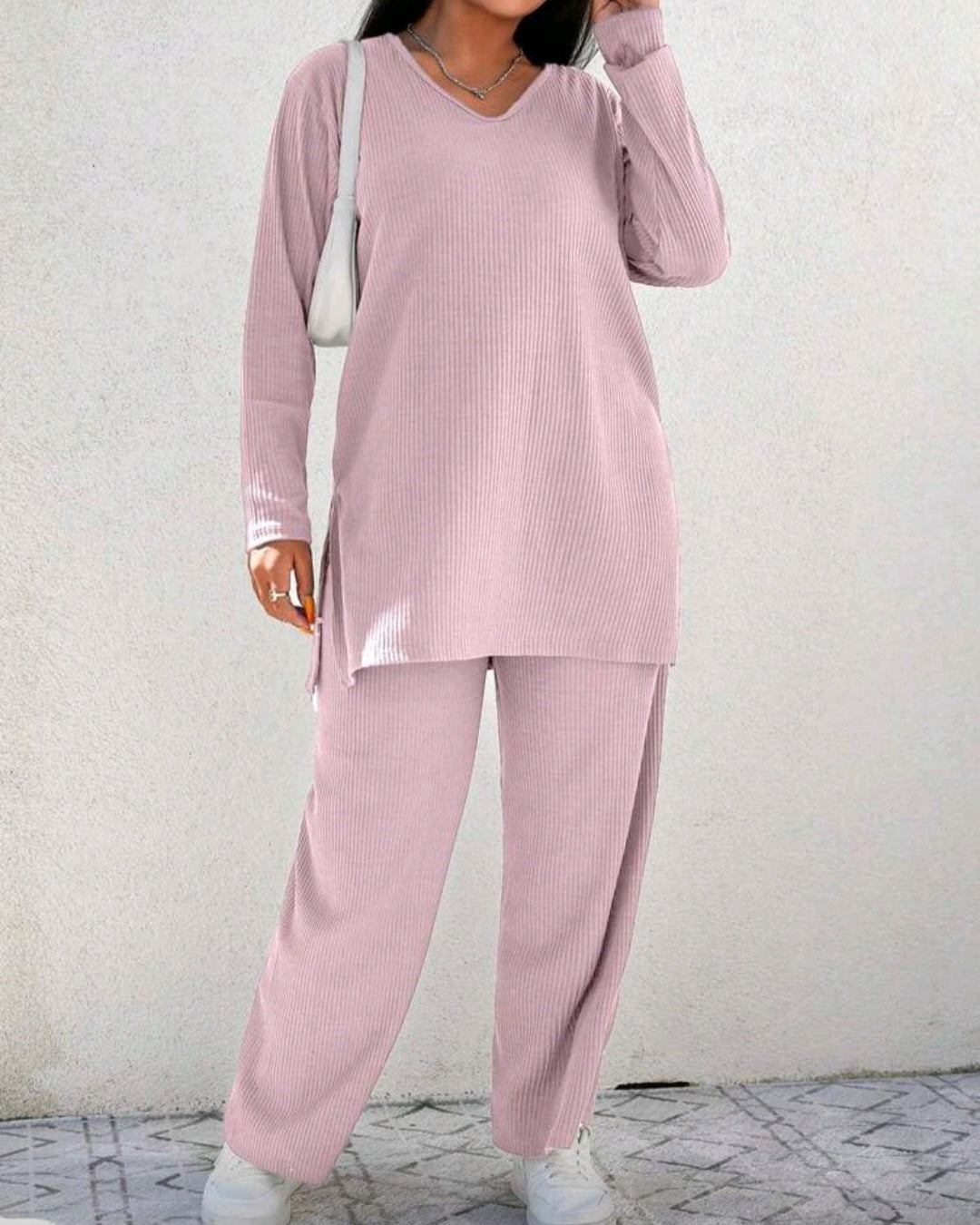 Pohodlný žebrovaný komplet s dlouhým rukávem