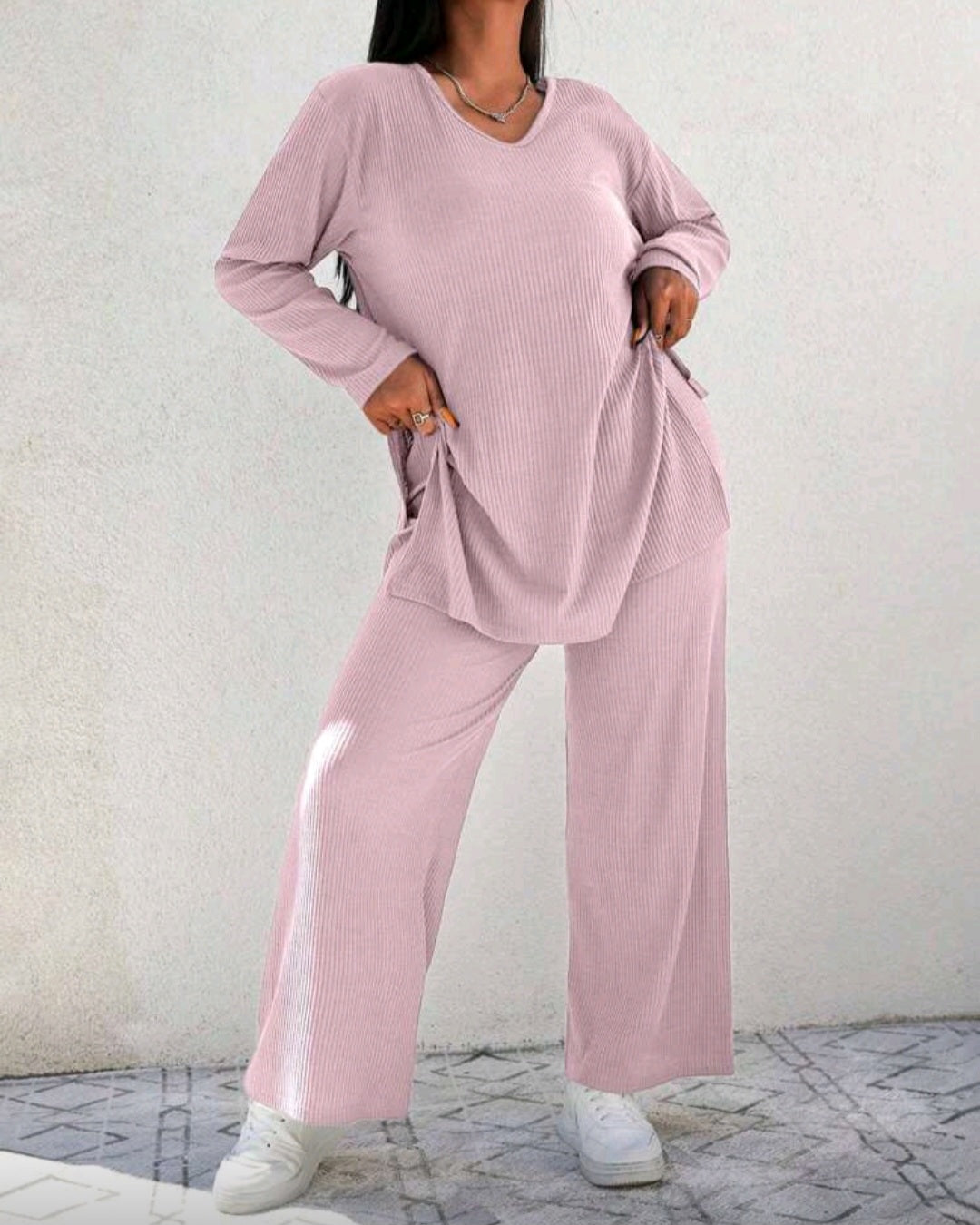 Pohodlný žebrovaný komplet s dlouhým rukávem