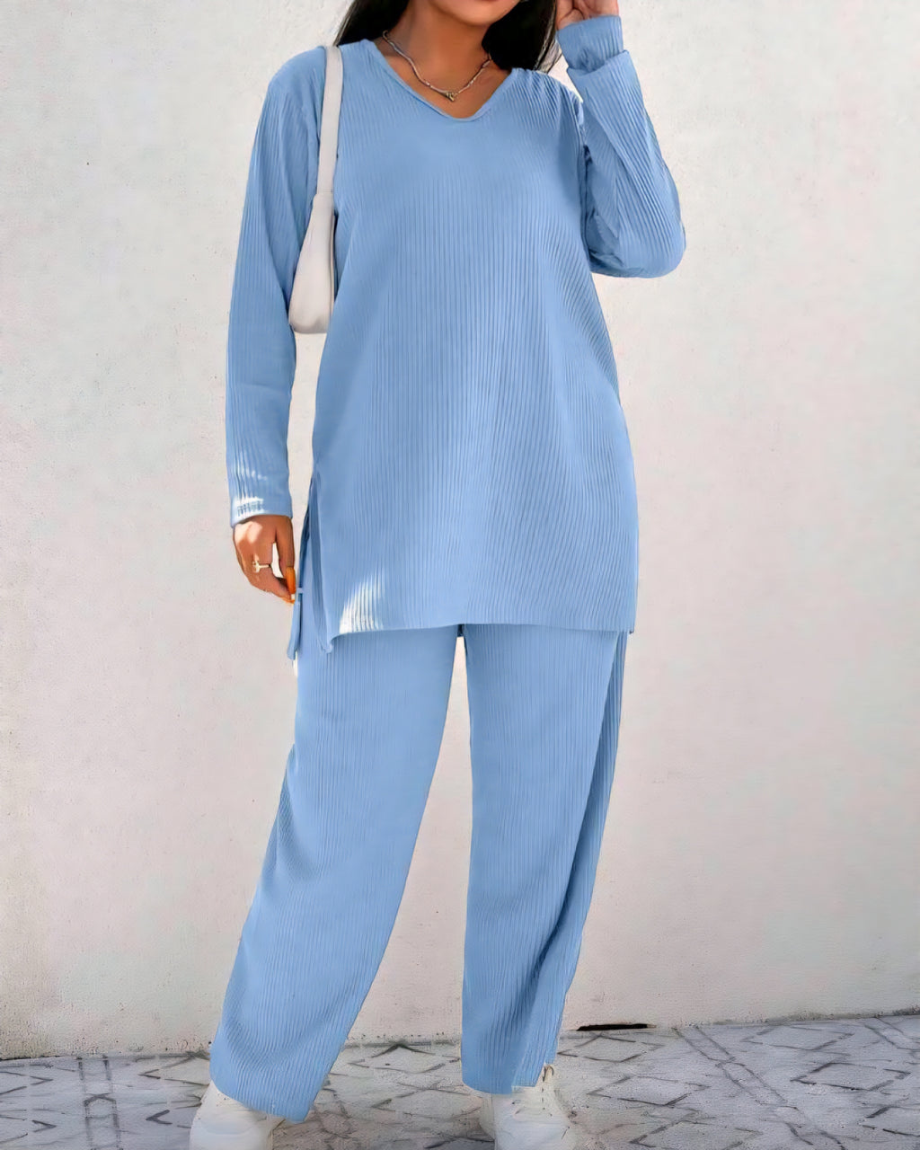 Pohodlný žebrovaný komplet s dlouhým rukávem
