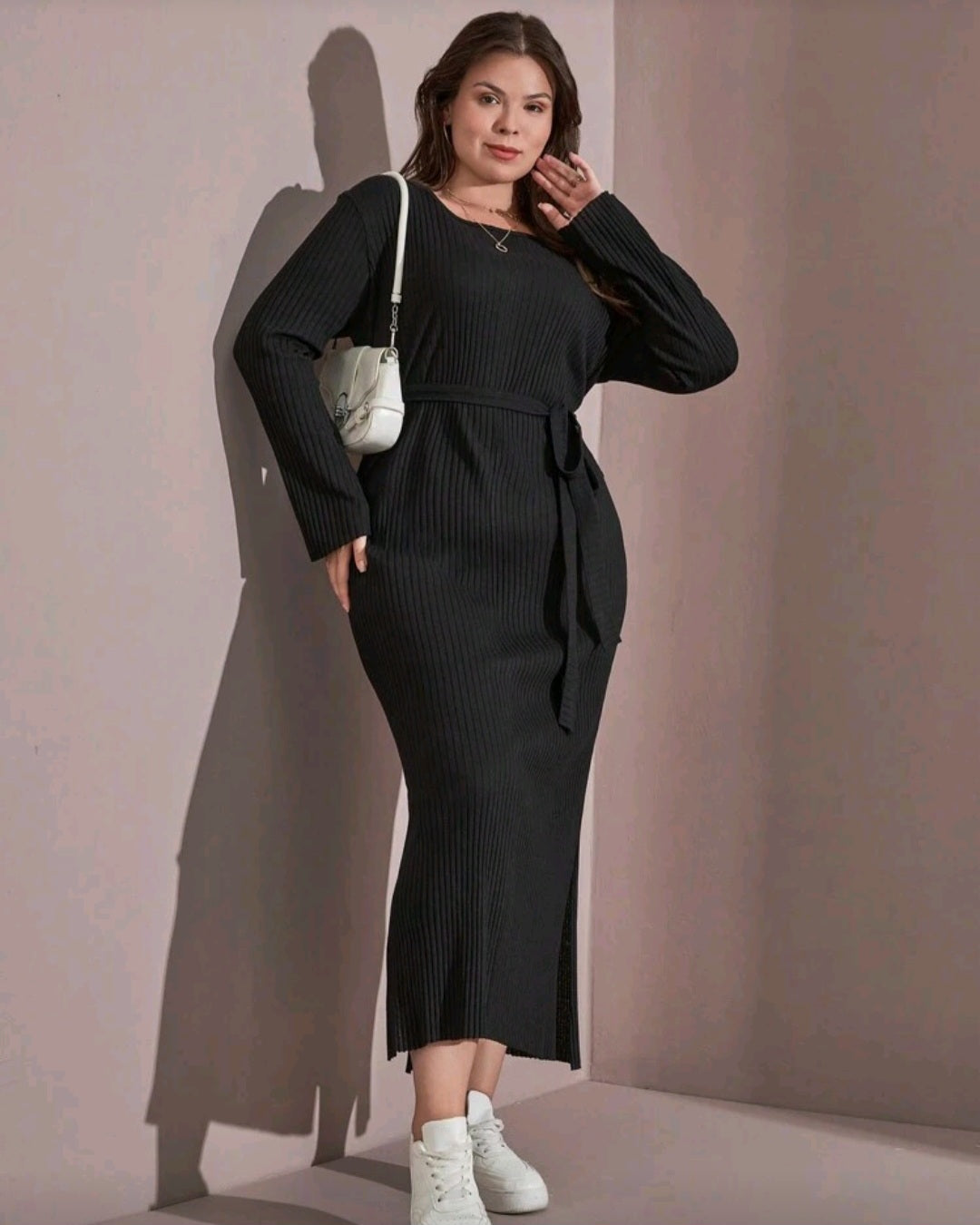 Dámské žebrované šaty s dlouhým rukávem